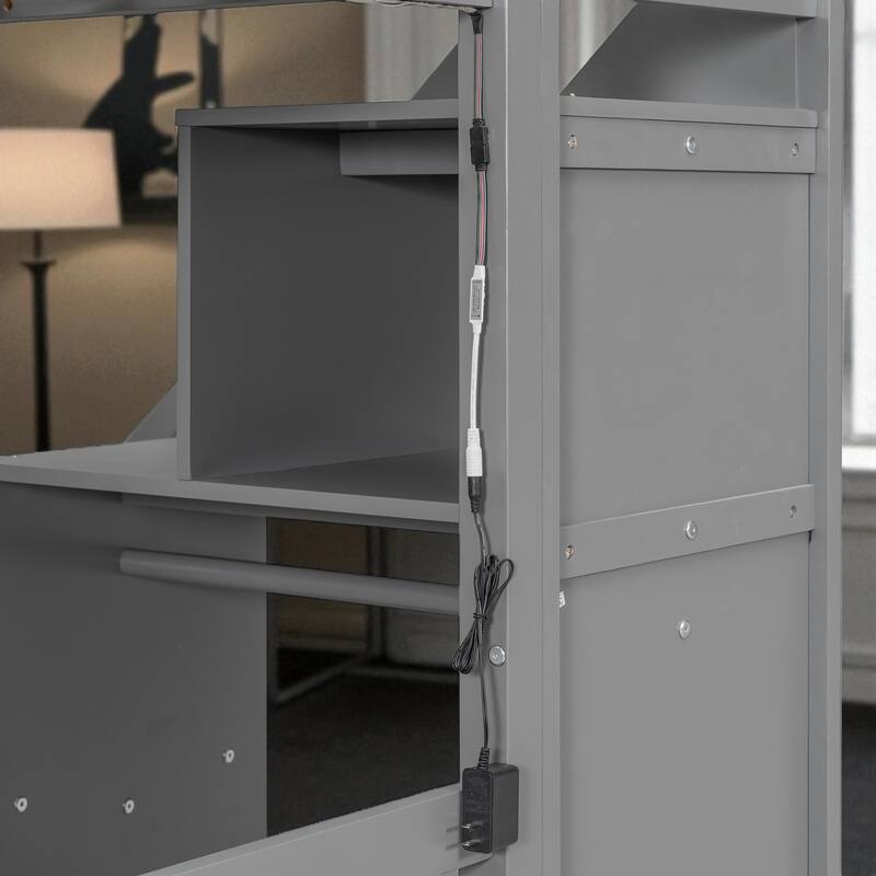 Twin/Full Loft Bed with Desk, 2 Storage Drawers, LED Light Strip, Side Stairs, Study & Space-Saving Design