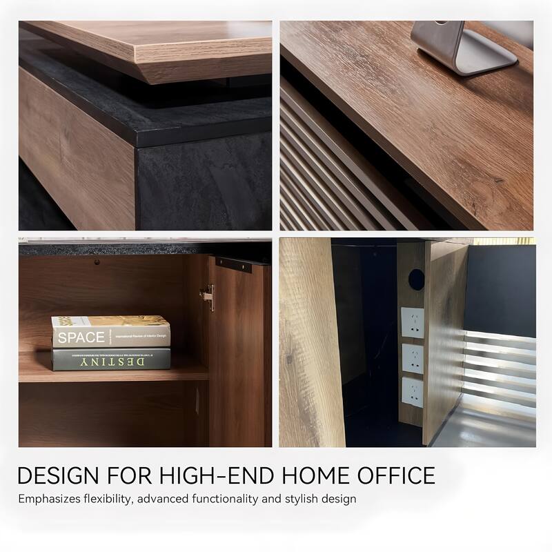 L-Shaped Executive Desk Adjustable Height with Universal Charging Ports Drawers and Cable Management