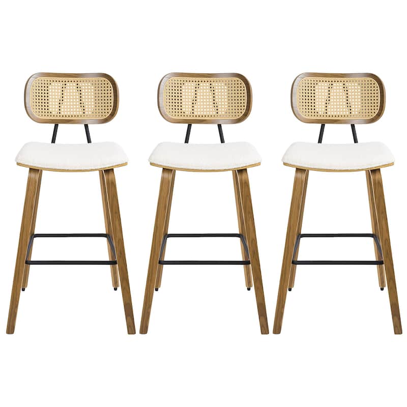 26-inch Wood Counter Height Bar Stools with Rattan Back - Set of 3 - White Fabric-natural frame