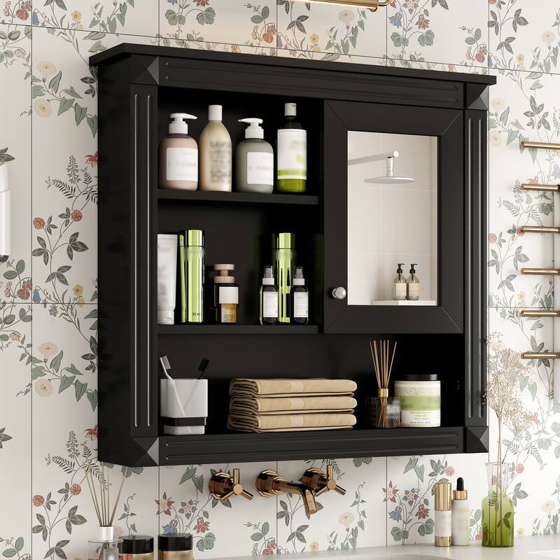 GDFStudio - Wilford Modern Wall-Mounted Bathroom Storage Cabinet with Mirror Door and Adjustable Shelves - 32"W