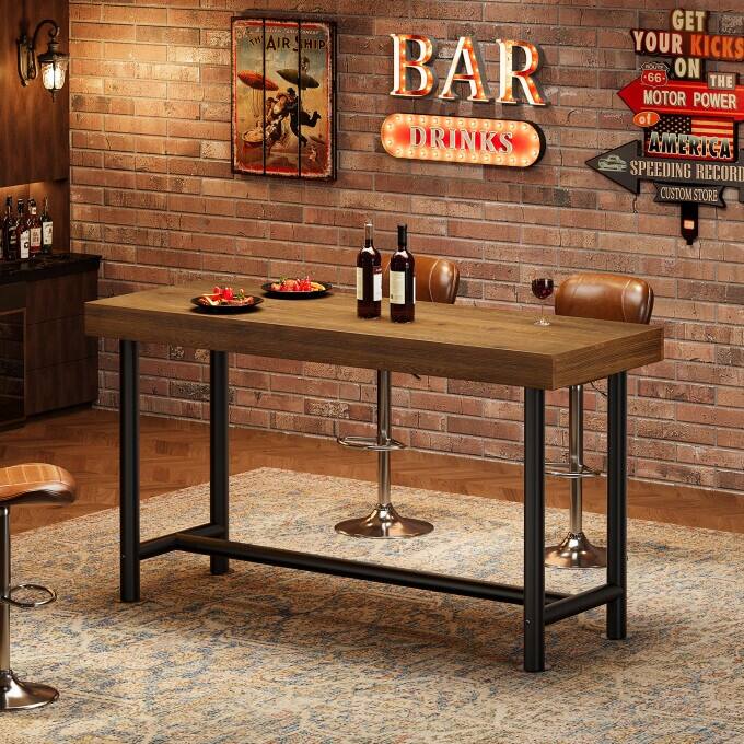 Industrial 63-Inch Solid Wood Bar Table with Metal Frame