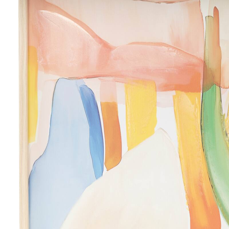 Canvas Abstract Framed Wall Art with Brushed Paint Strokes and Light Brown Frame - Multi Colored - Roche River Decor
