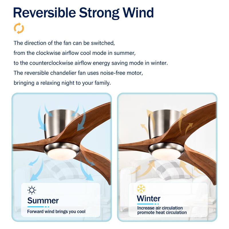 52" Flush Mount Fan Light, 3 PCS Solid Wood Blades Ceiling Fan with Lights Remote Control, Quiet DC Motor, 6 Speed