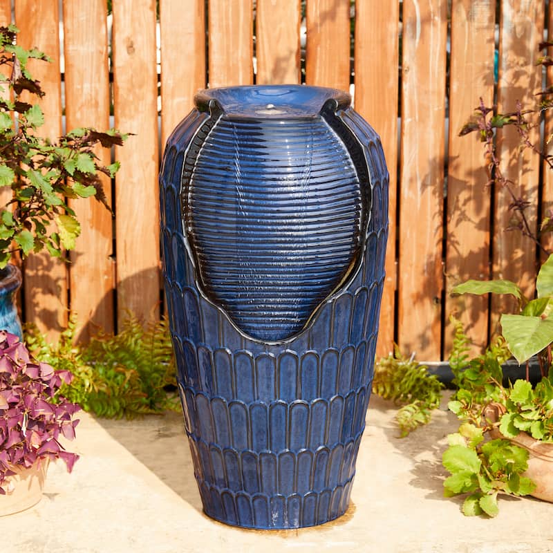 Glitzhome 28"H Oversized Petals Textured Ceramic Jar Outdoor Waterfall Fountain - Blue