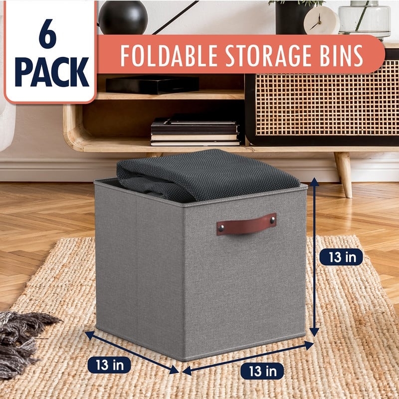 Foldable Collapsible Storage Box Bins Linen Fabric Shelf Basket Cube Organizer with Leather Handles - Set of 6
