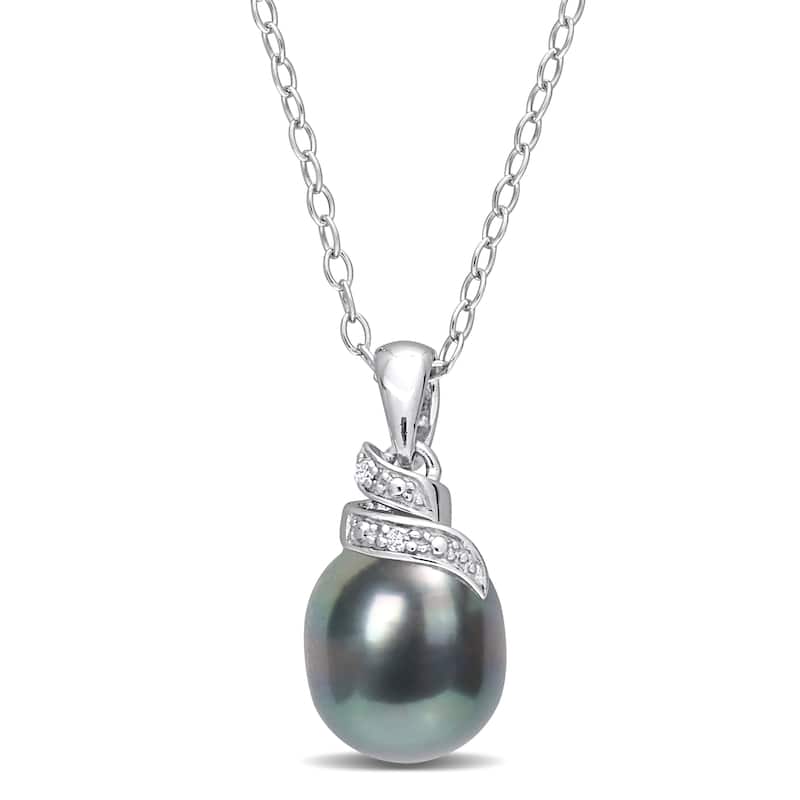 Miadora 8-9mm Black Tahitian Cultured Pearl and Diamond Accent Wrap Sterling Silver