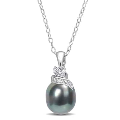 Miadora 8-9mm Black Tahitian Cultured Pearl and Diamond Accent Wrap Sterling Silver