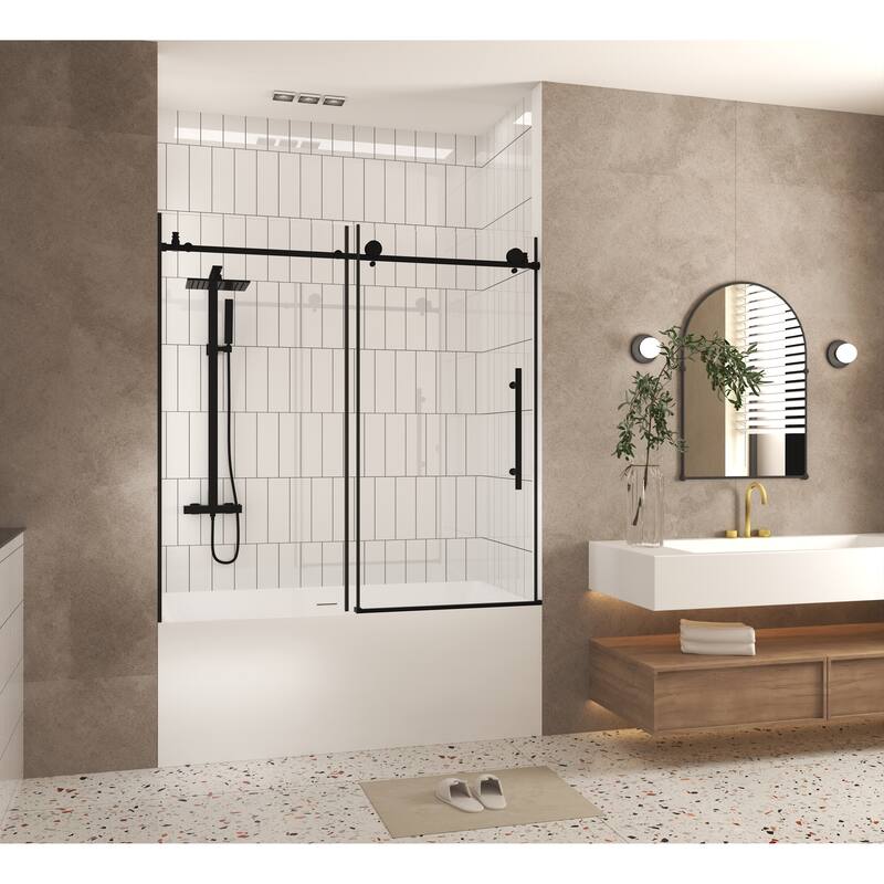 GDFStudio - Aldridge Frameless Sliding Bathroom Shower Door, Adjustable Width with Clear Tempered Safety Glass