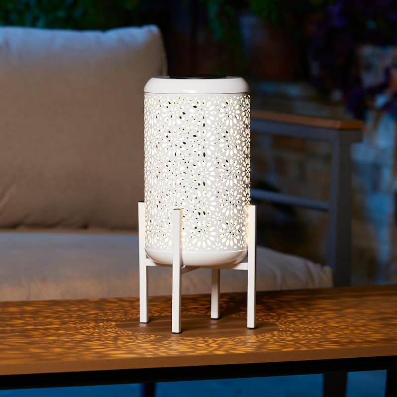 Glitzhome 14"H Outdoor Metal Cutout Flower/Leaves Solar Light Standing Lanterns Waterproof