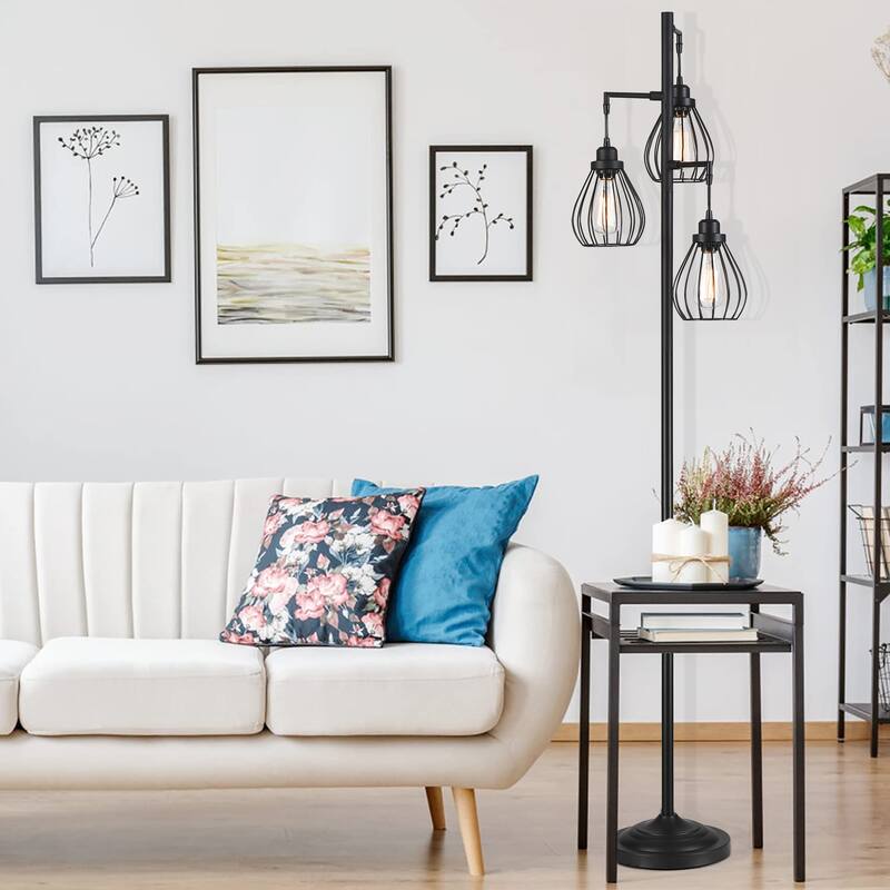 69 in. 3-Light Tree Floor Lamp with Matte Black Finish and Hanging Steel Cage Shade