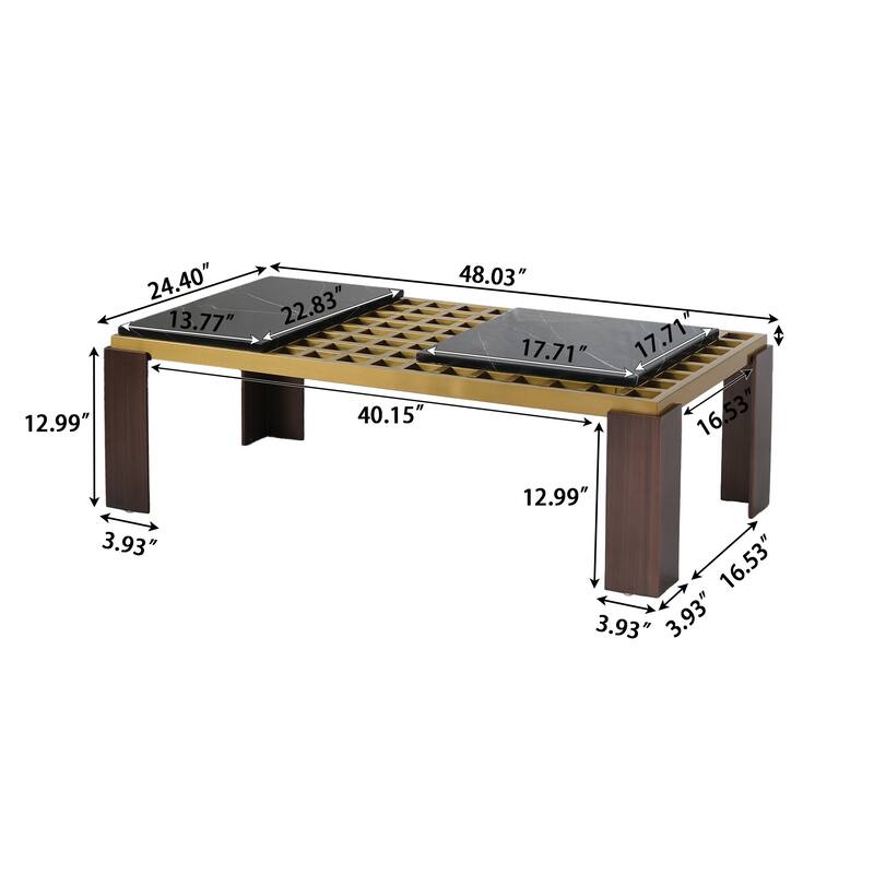 48'' Black and Gold Rectangle Coffee Table with Movable Marble Blocks Tabletop