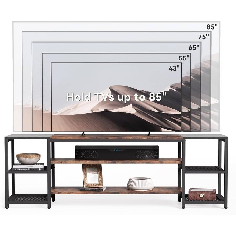 78.7" Brown & Black Modern Farmhouse TV Stand, Extra Long for 85+" TVs with 3-Tier Shelves and Steel Mesh Back