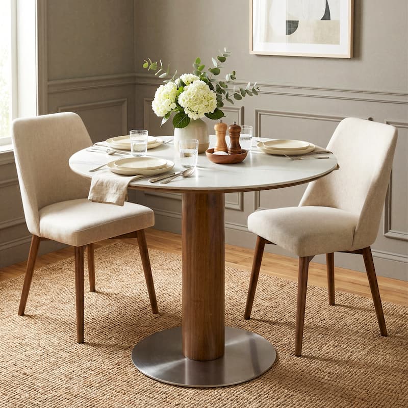 31.5" Solid Wood Round Dining Table for 2-4, Small Circle Kitchen Table with Stainless Steel Pedestal, Sintered Stone Top