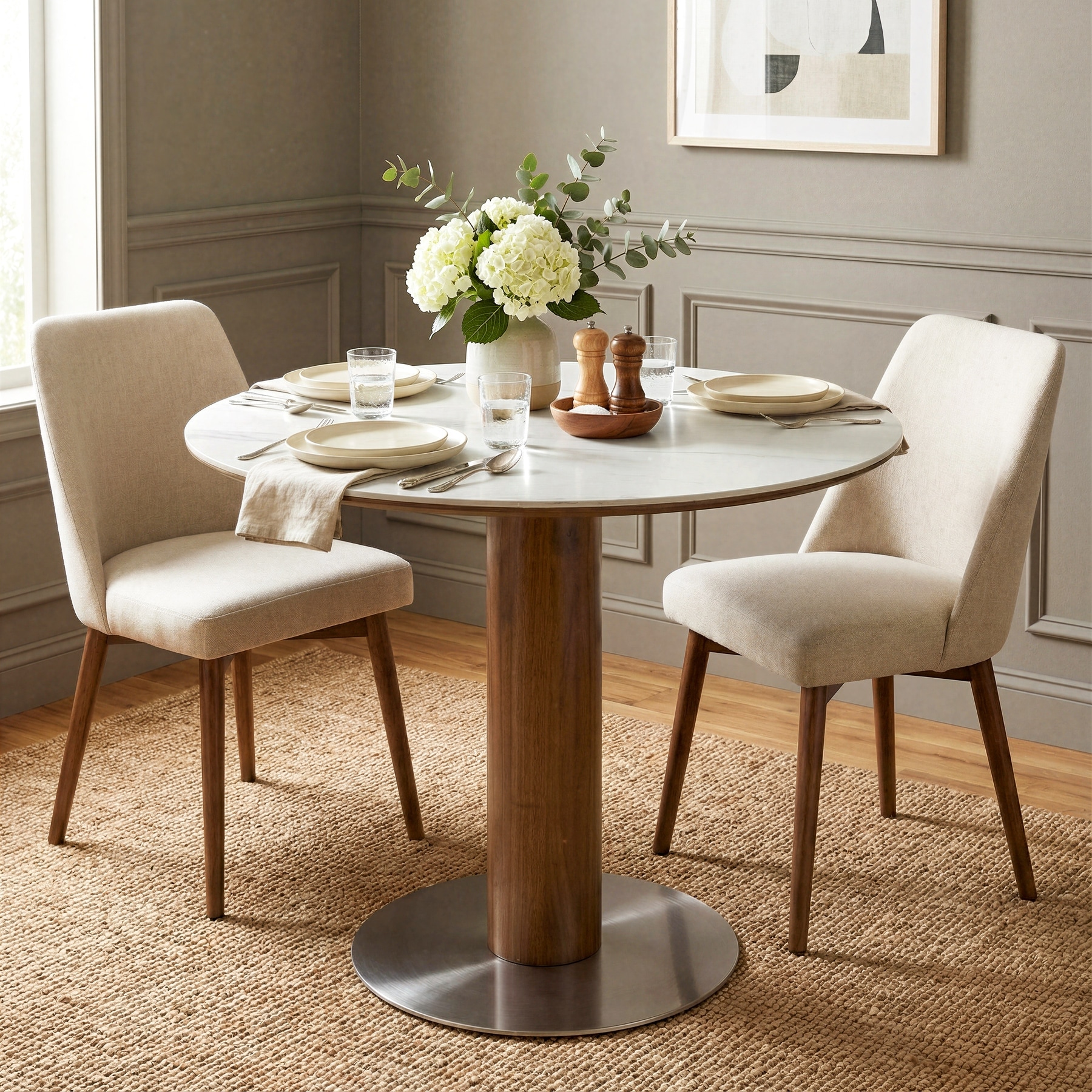 31.5 Inch Round Dining Table for 2-4, Solid Wood Circle Kitchen Table with Stainless Steel Pedestal, Sintered Stone Top