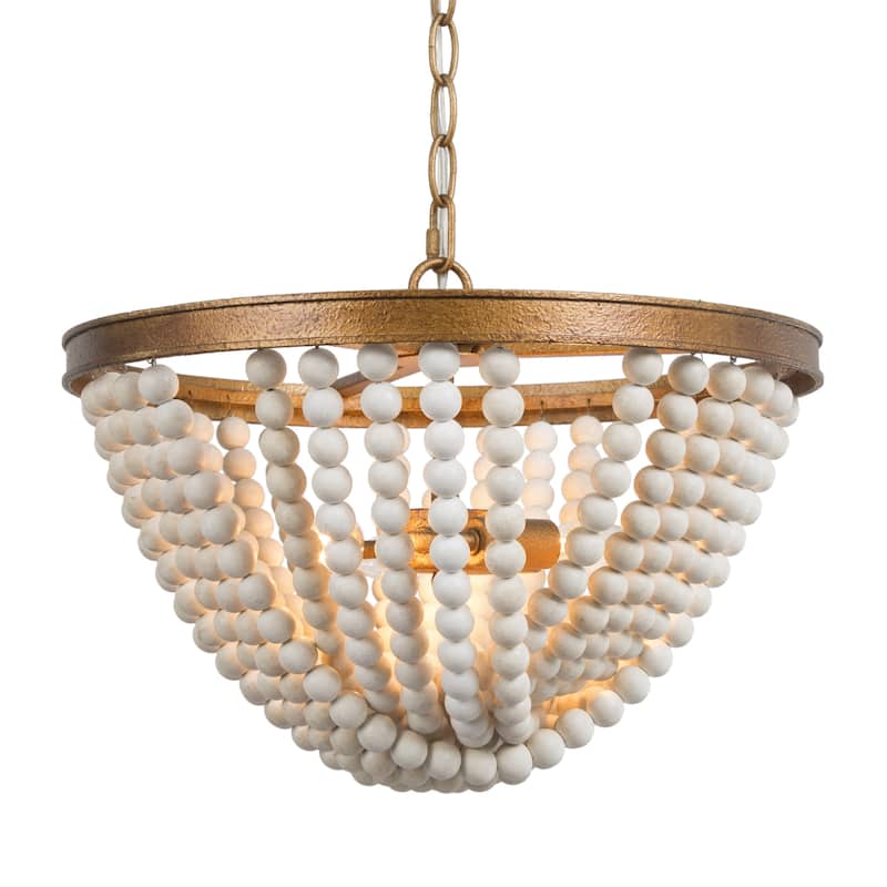 Modern Wood Beaded 3-light Chandelier Antique Brass Bowl Glam Dining Room Pendant Light - D 15.5'' x H 71.5''