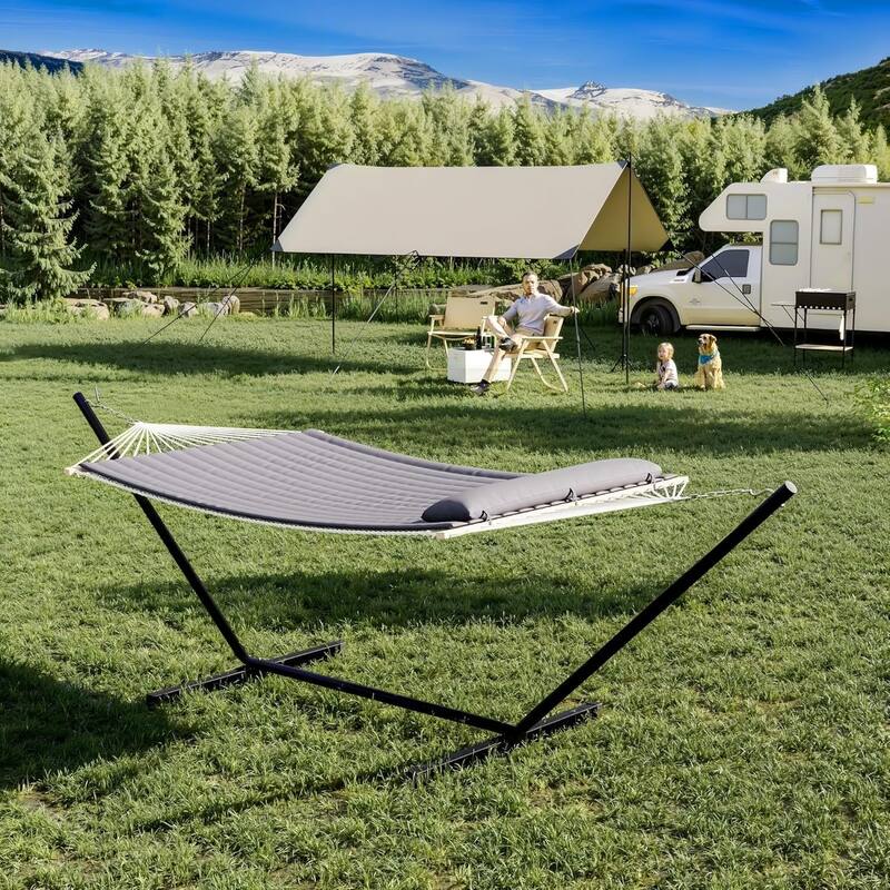 2 Person Heavy Duty Double Hammock, with Collapsible Steel Frame - Grey