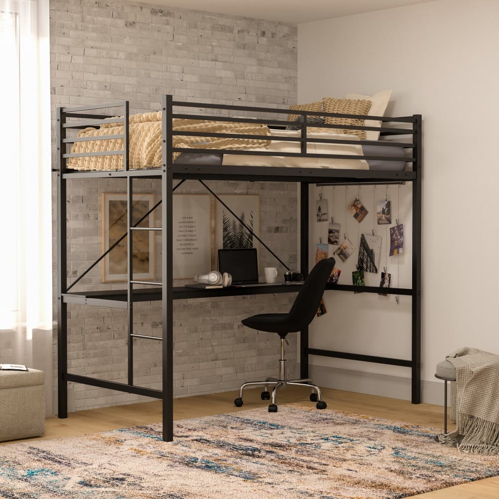 Sturdy Metal Loft Bed Frame with Desk and Safety Rails