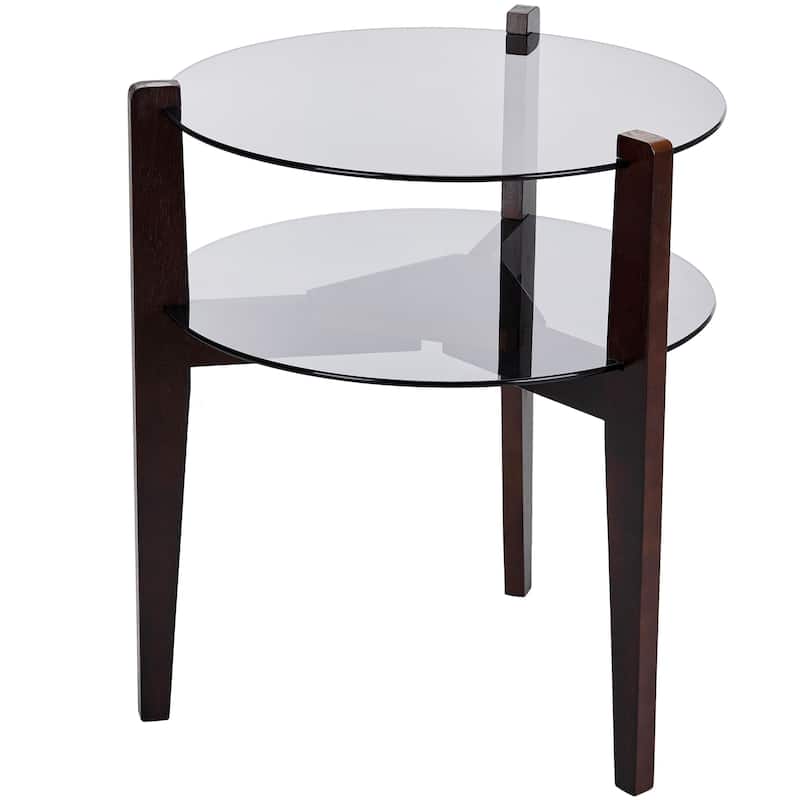 24 Inches 2-tier Glass Round End Table with Shelf and Wooden Legs - Bown - Glass