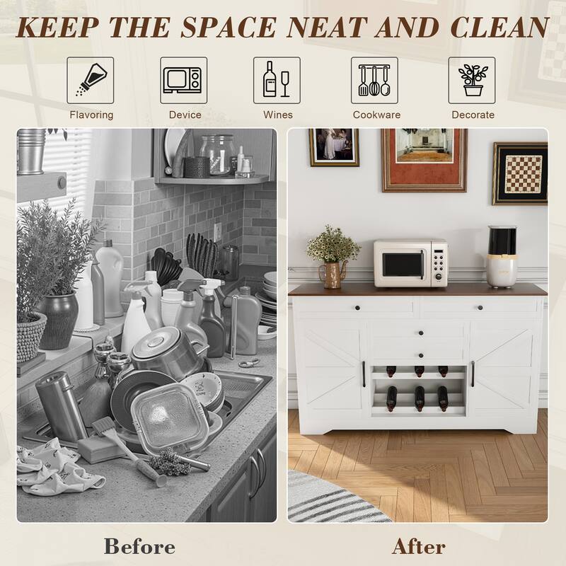 Buffet Sideboard with Storage, 54'' Kitchen Storage Cabinet Wood Coffee Bar Cabinet Buffet Table with Shelves, Adjustable Shelf