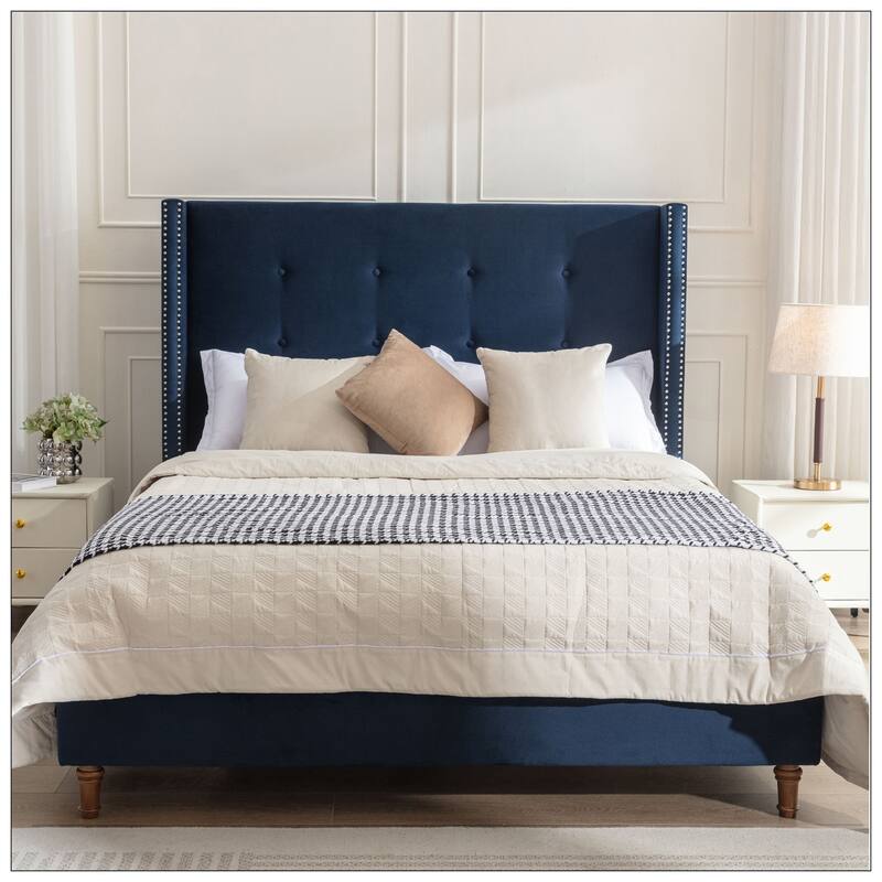 54" High Wingback Headboard Upholstered Bed For Bedroom - Blue Velvet  - King