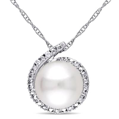 8-8.5 MM Cultured FW Pearl and Diamond Loop Halo Necklace in 10k White Gold by Miadora - 13.3 mm x 17 inch x 12 mm