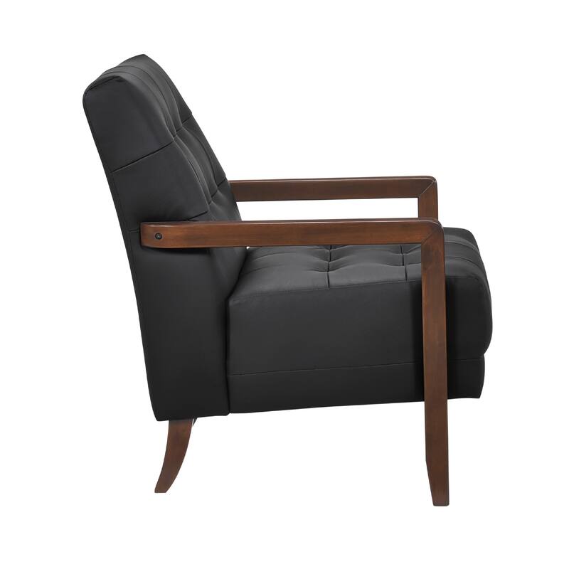 Lenie Accent Armchair, Button Tufted Black Leather, Walnut Brown Wood