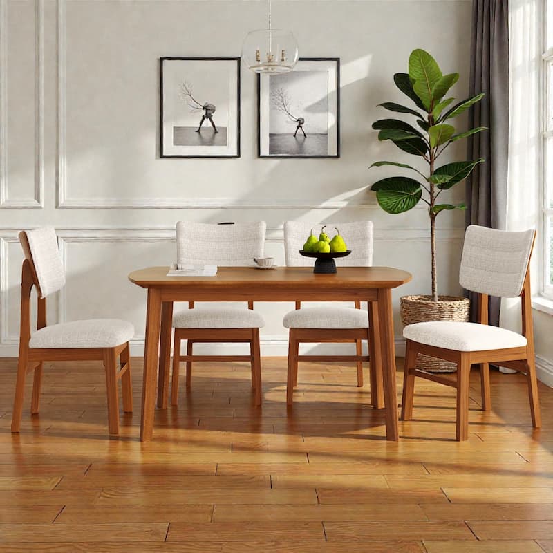 5-Piece Farmhouse Dining Table Set for 4, Oval Wood Kitchen Table with 4 Upholstered Chairs, Rubberwood Frame Dinette Set