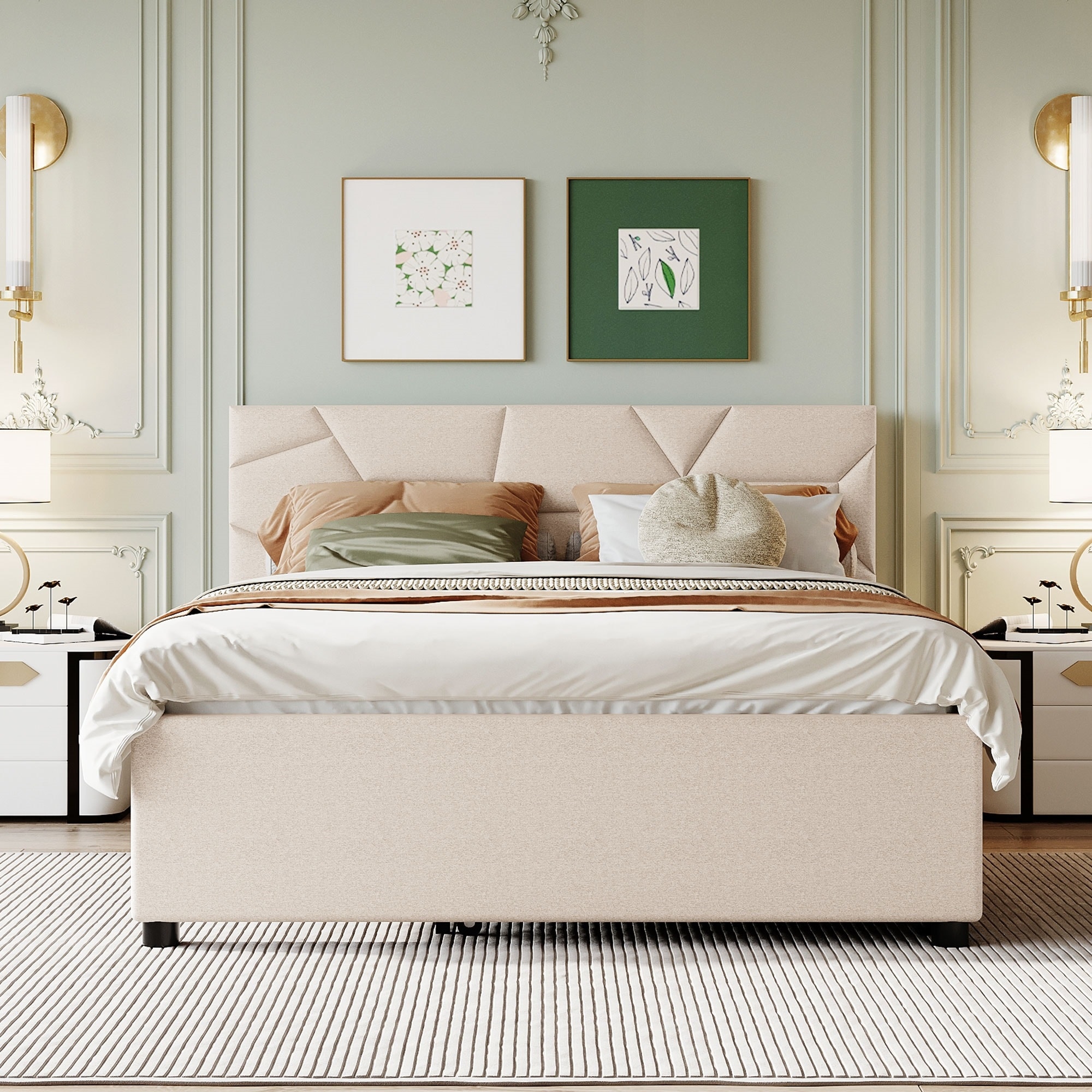 Upholstered Daybed with Brick Pattern Headboard and Twin XL Size Trundle Queen Size Platform Bed for Master Bedroom Guest Room
