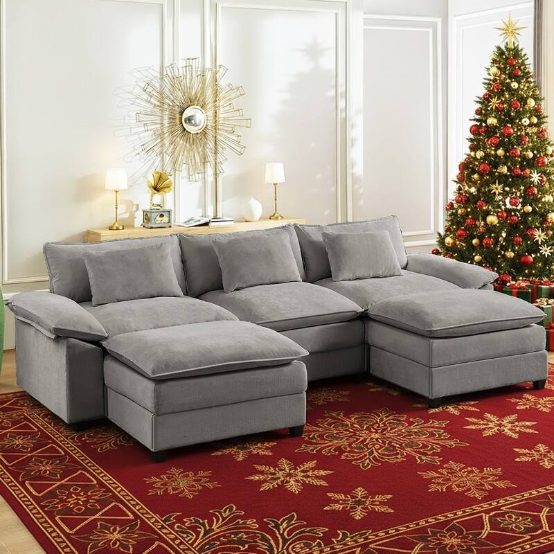 Modern 118'' U-Shaped Modular Sectional Sofa with 2 Ottomans, 5-Seat Cloud Couch, Modern Chenille Sofa Sleeper Deep Seat Couches - 3+2 - Light Grey