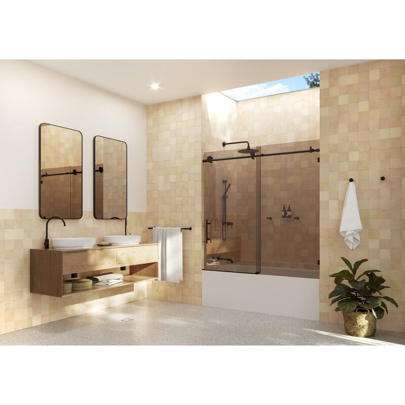 Equinox 60 in. x 60 in. Fully Frameless Glass Bath Slider with Bronze Tint - Matte Black