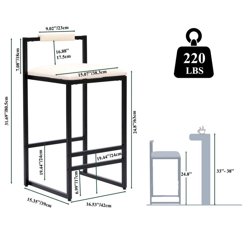 Faux Leather Upholstered Bar Stool Set of 2, Counter Height Bar Stools with Back, Kitchen Stool Island with Footstool