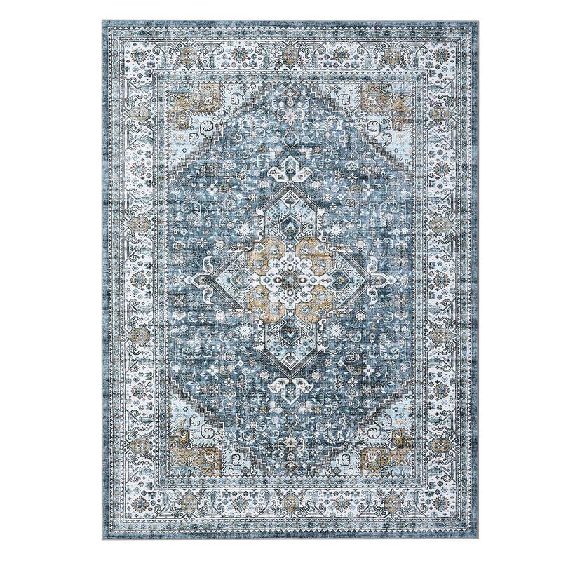 Washable Rug Vintage Medallion Area Rugs for Living Room Bedroom, Non-Skid Low Pile Floral Rug Soft Foldable Rug