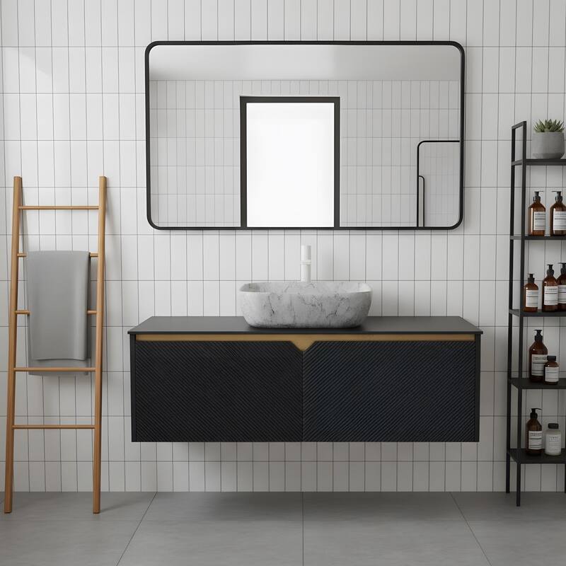 Wall-mounted Bathroom Vanity with Rectangular Vessel Basin - 48 - Black+Stone Gray