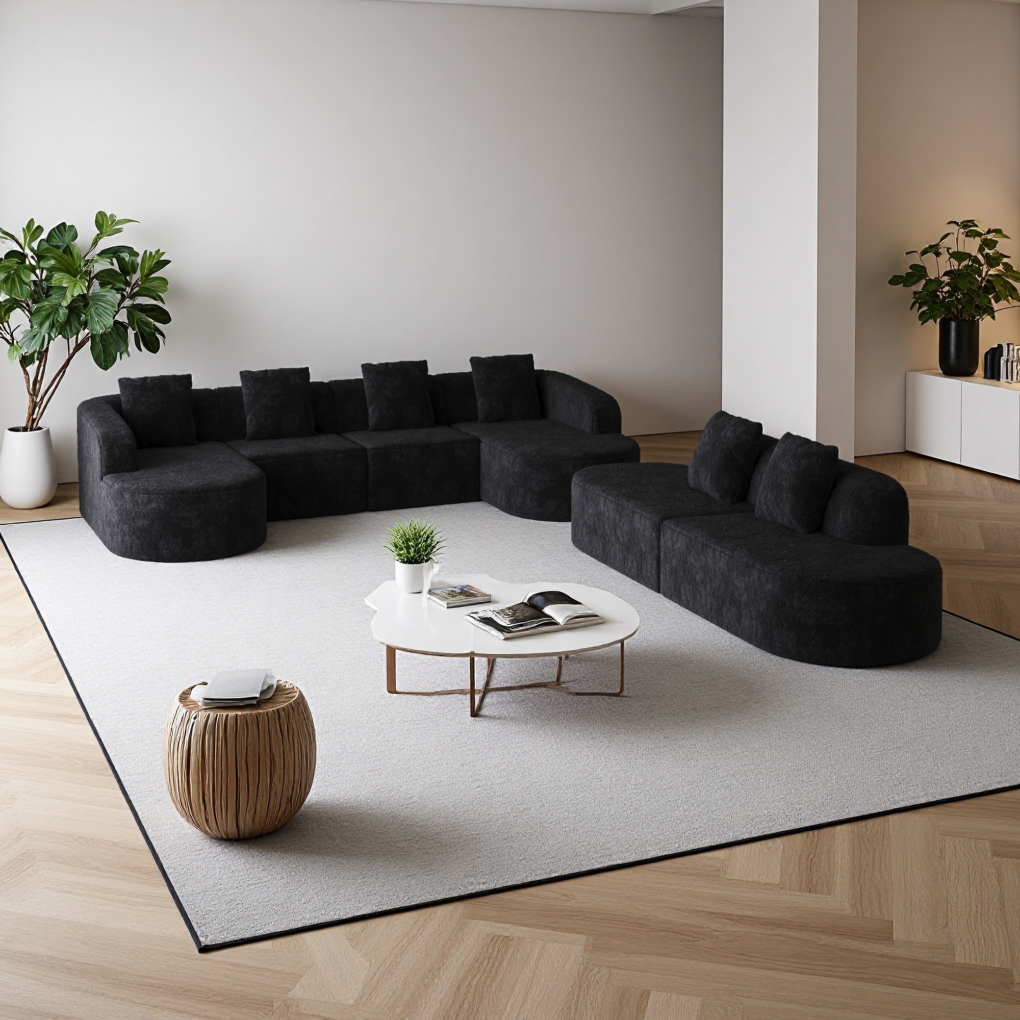 L-Shape Curved Modular Sofa, High-Density Foam, Lychee-Textured