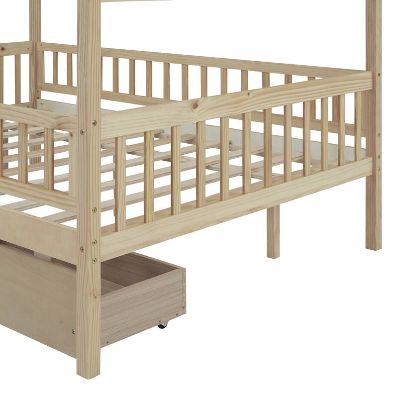 Wooden House Bed with Two Drawers