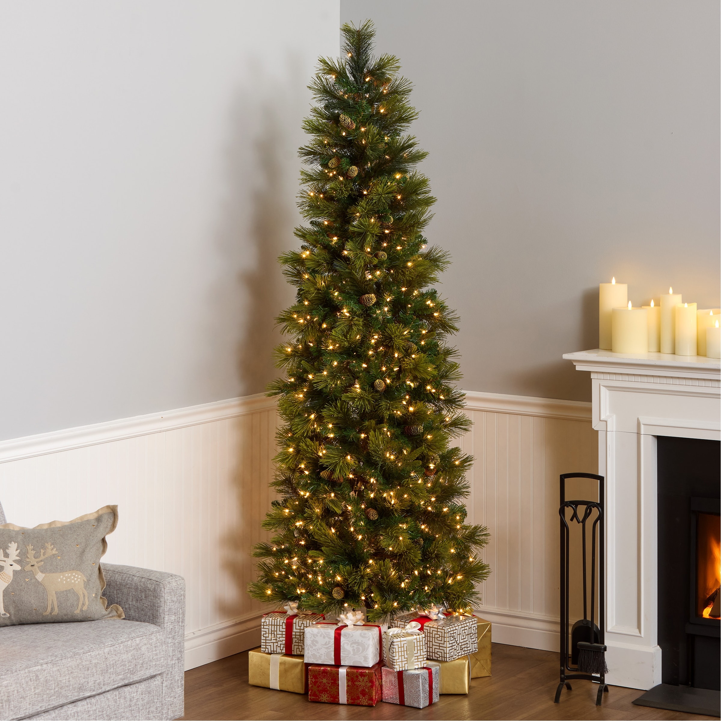 National Tree Company 7.5 ft Pre-Lit Carolina Pine Slim Artificial Christmas Tree, 600 Clear Lights, 759 Tips, Green - 7.5 Foot