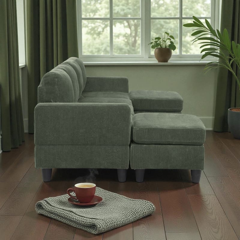 101" Modular Corduroy Sectional Sofa with Ottoman, Removable Cushions, Textured Upholstery for Living Room Comfort