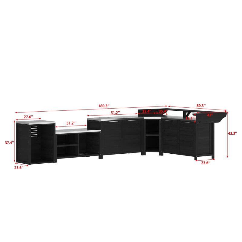 Modular Outdoor Kitchen Cabinet Set 100% Solid Wood Patio BBQ Island with Stainless Steel Countertop
