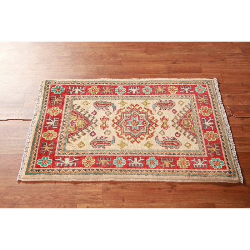 Traditional Kazak Oriental Accent Foyer Rug Handmade Beige Wool Carpet - 2'0"x 3'0"