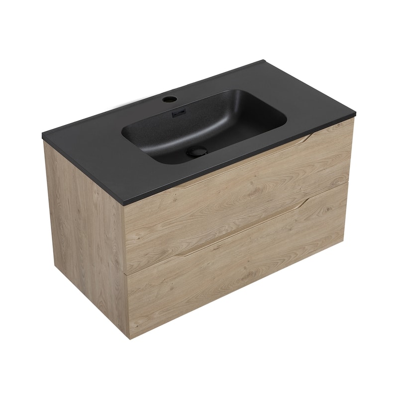 RupheonD 24"-48" Floating Bath Vanity in Evita Oak with Black Quartz Top - 36 in.Vanity