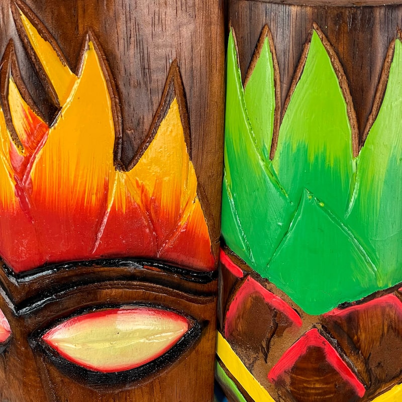 20 Inch Fire & Earth Carved Wood Tiki Totem Wall Dcor Masks (Set Of 2)