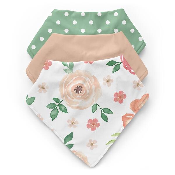 slide 2 of 6, Watercolor Floral Fabric Bandana Baby Bibs 3 Pack Set Peach Pink Green and White Boho Shabby Chic Rose Flower Farmhouse