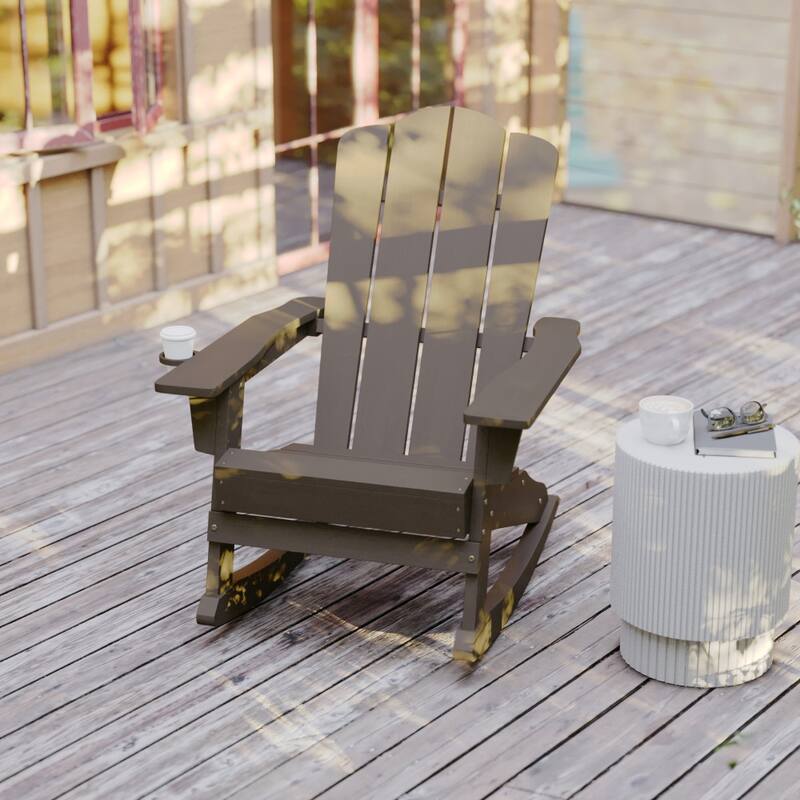 Commercial All-Weather Rocking Adirondack Chair with Swiveling Cupholder