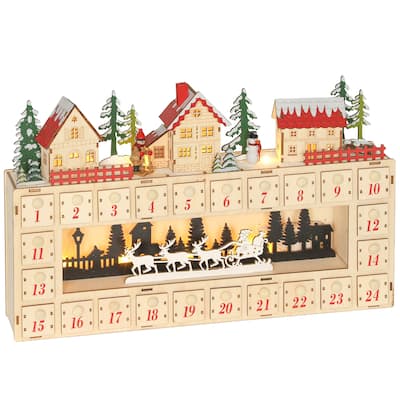 HOMCOM Christmas Advent Calendar with 24 Drawers, Reusable Lighted Wood-Effect Countdown , Battery Operated, Natural Tone
