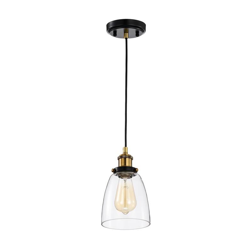 Black and Antique Brass Finish 1-Light Mini Pendant with Clear Bell Glass Shade