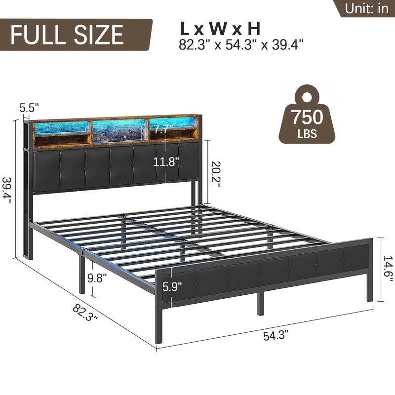 Javlergo Upholstered Platform Bed Frame with LED Lights and Storage Headboard, LED Bed Frame with Outlets and USB Ports