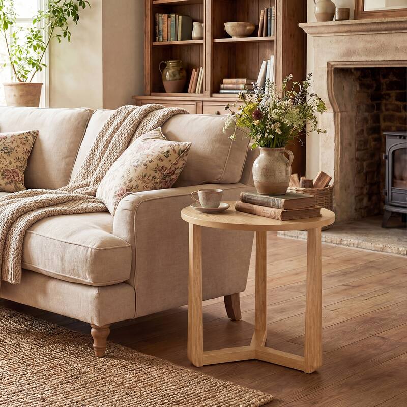 Gymax 2PCS Round Side Table w/Sturdy Rubber Wood Legs Triangular