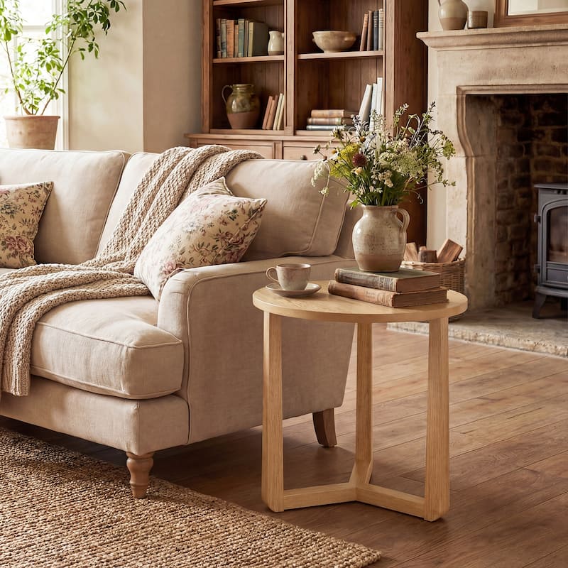 Gymax Round Side Table w/Sturdy Rubber Wood Legs & Triangular