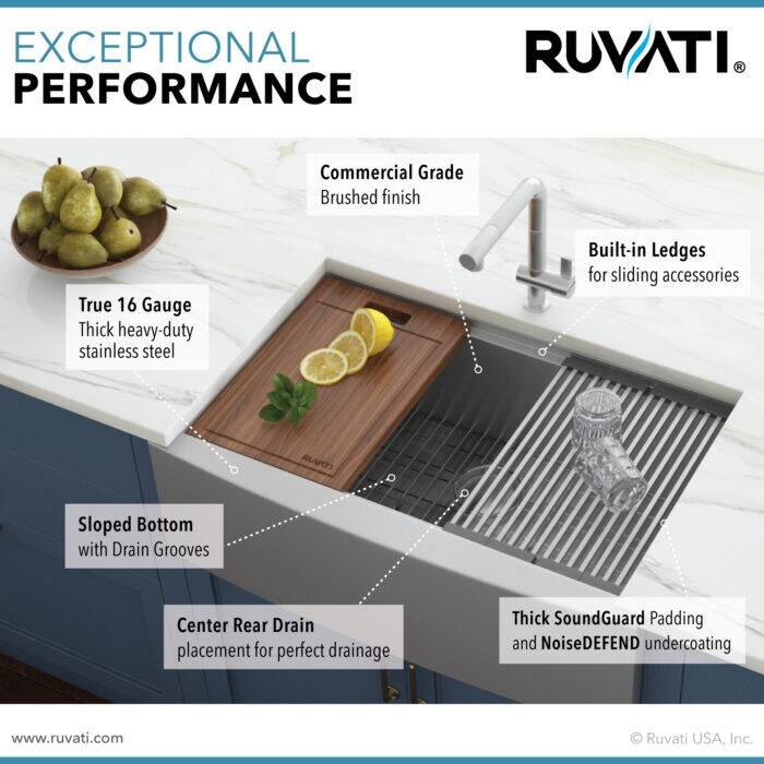 Ruvati 33-inch Apron-front Workstation Farmhouse Kitchen Sink 16 Gauge Stainless Steel Single Bowl - RVH9200 - 33" x 22"