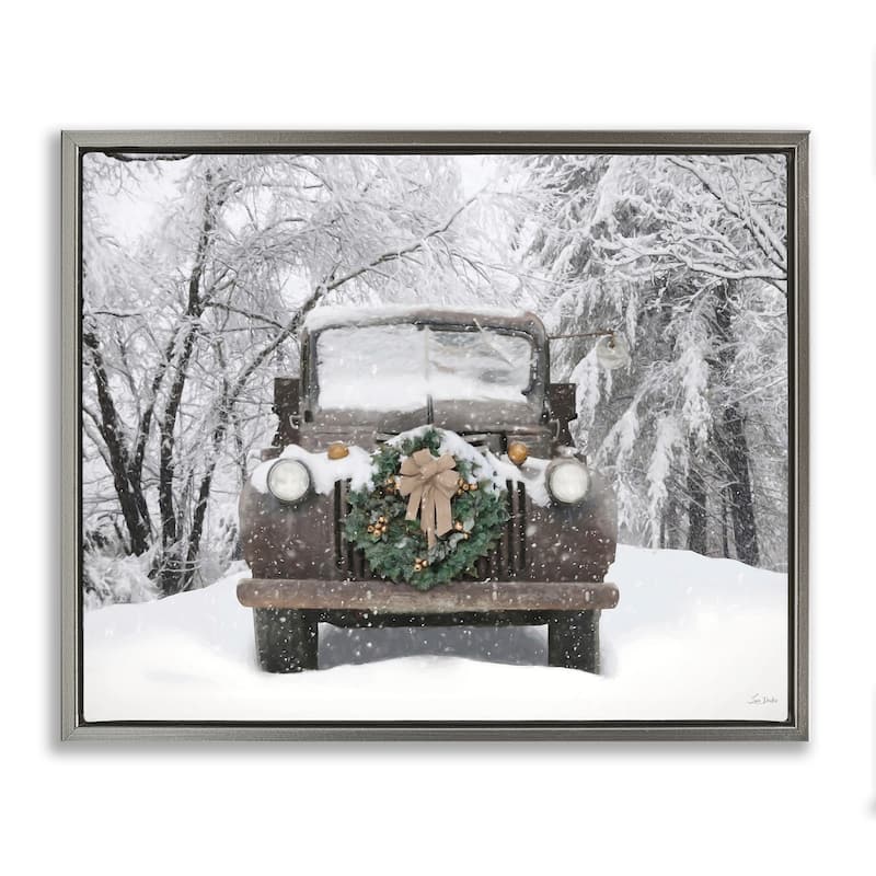 Stupell Wreathed Truck in Snow Framed Floater Canvas Wall Art Design By Lori Deiter - 31 x 25 - Grey